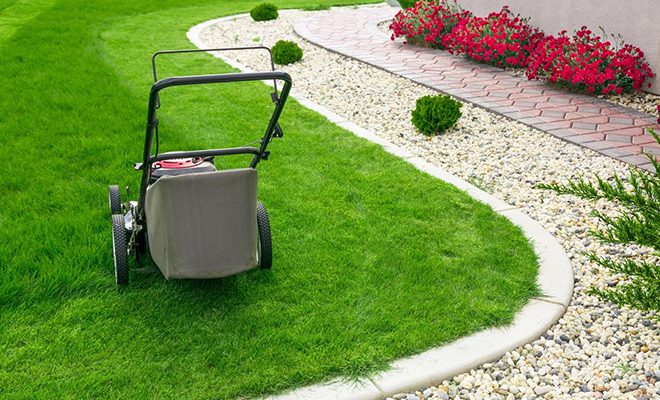 A lawn mower sitting on top of green grass.