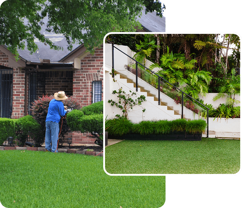 A man in blue shirt and hat standing on grass next to house.